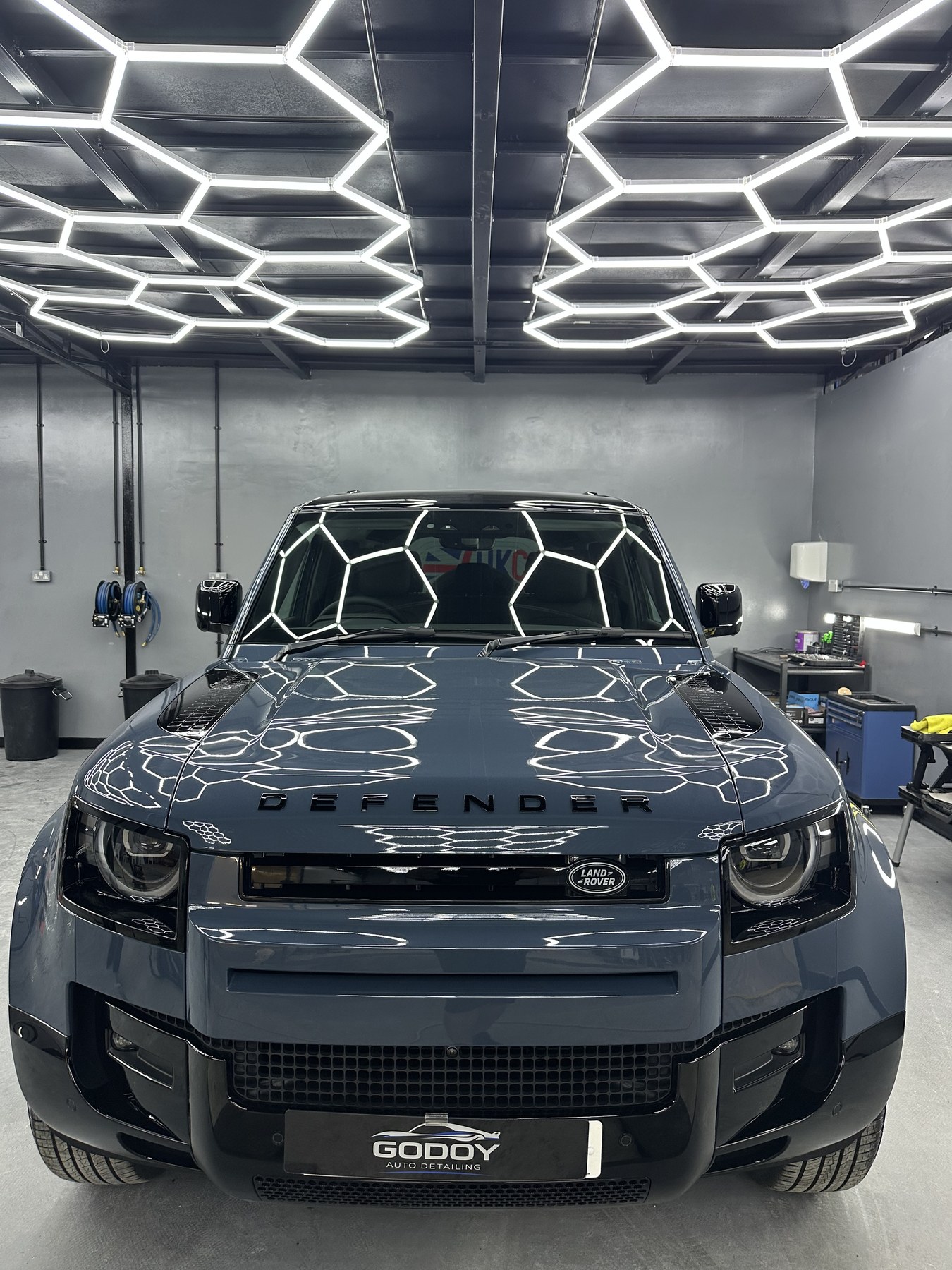 Land Rover Defender front finish under studio lighting